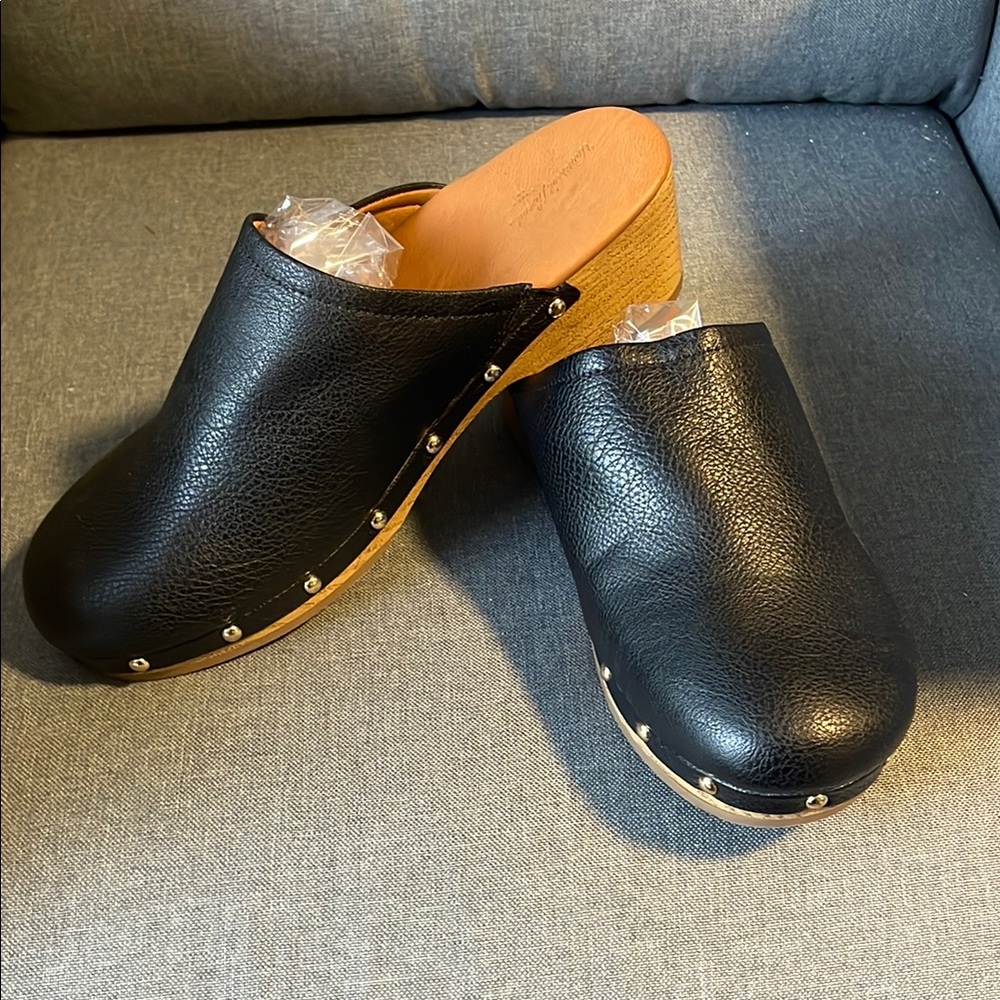 Black Leather Clogs with Wooden Heel NWT
